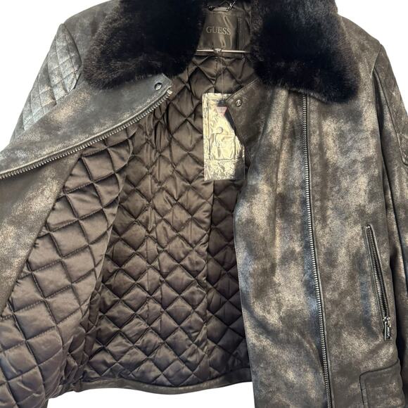New Guess Metallic Faux Leather Fur Quilted Moto Biker Full Zip Jacket Sz Large - Picture 9 of 11
